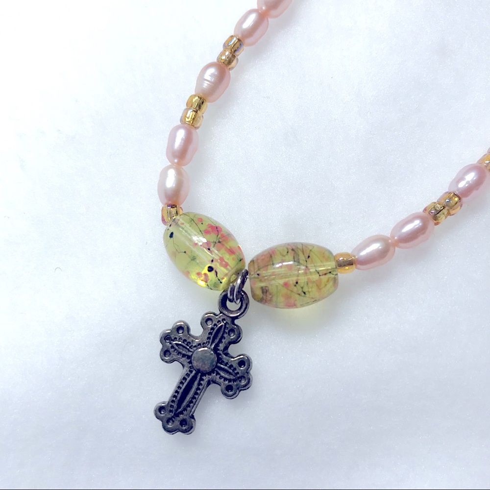 Silver Tone Beaded Antique Cross Necklace